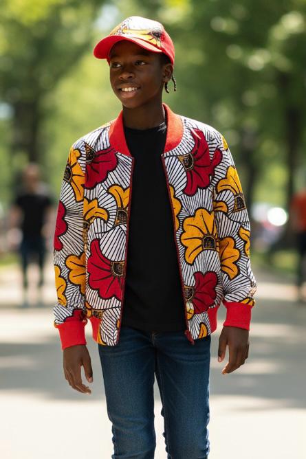 Veste bomber florale et casquette assortie pour enfant, tenue mixte élégante pour une occasion spéciale.