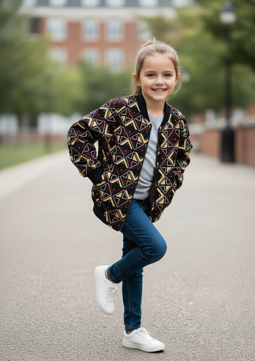 Veste bomber en tissu wax bogolan pour enfant, coupe mixte et style culturel élégant, parfait pour un mariage ou une fête.