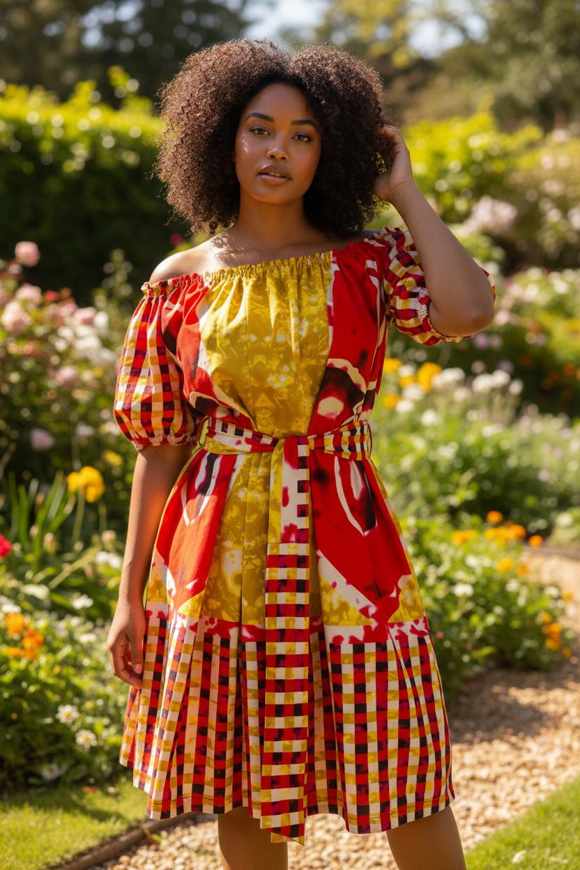 Robe en wax pour femme, coupe off-shoulder avec élastique aux épaules et ceinture à nouer. Parfaite pour un style estival, coloré et tendance, alliant confort et élégance afro.