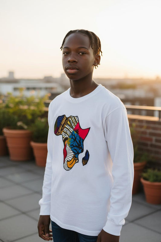 T-shirt garçon ou fille à manches longues – motif carte Afrique en wax pour un look afro moderne