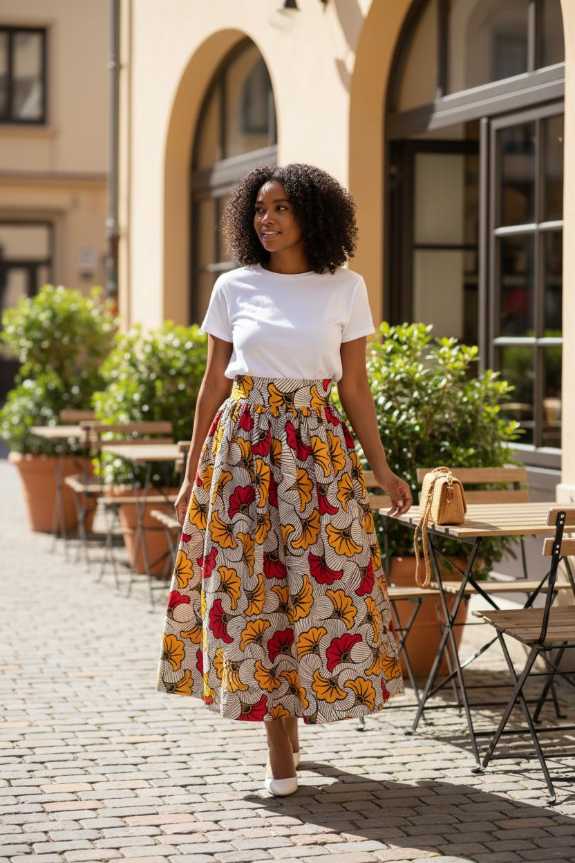 Détail de la jupe longue Mpesa artisanale avec bande taille haute, boutons arrière et poches latérales.