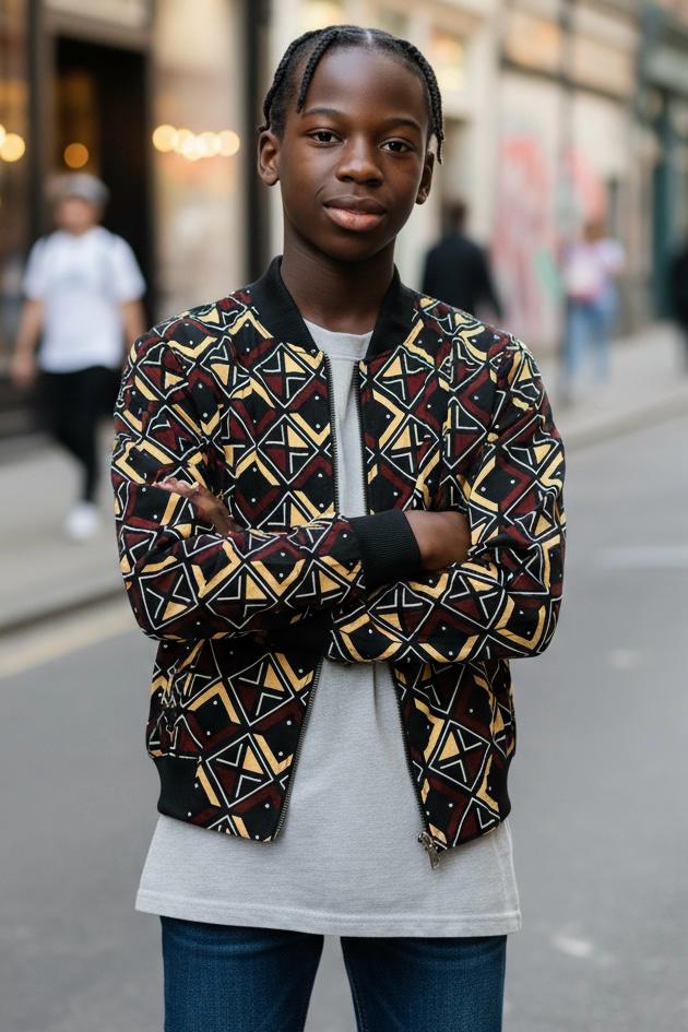 Bomber mixte pour enfant en tissu bogolan, avec doublure légère pour une veste mi-saison confortable et stylée.