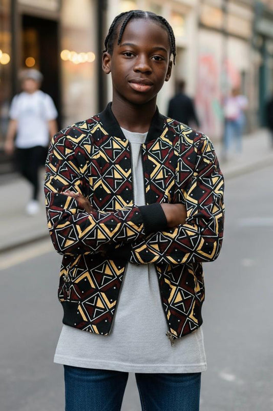 Bomber mixte pour enfant en tissu bogolan, avec doublure légère pour une veste mi-saison confortable et stylée.
