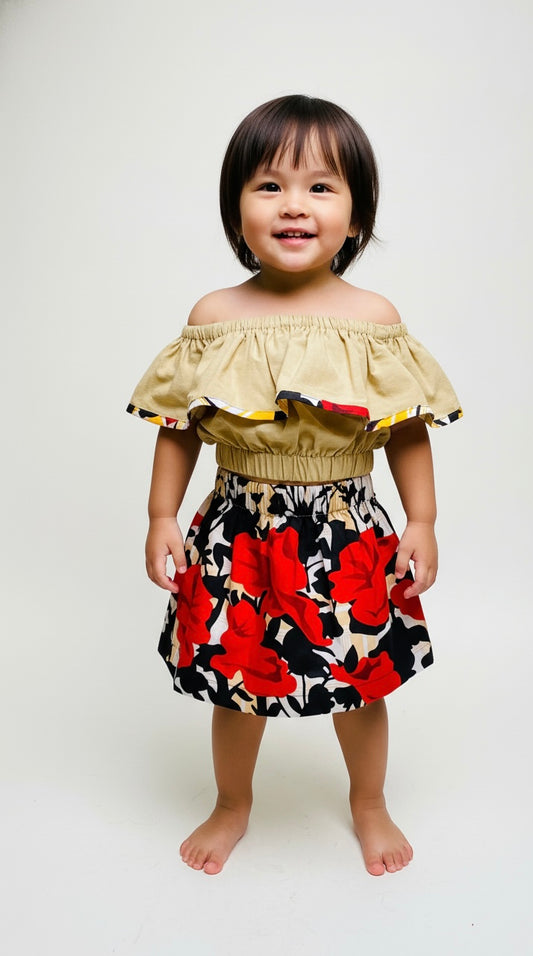 Ensemble fille afro chic fait main – jupe évasée en wax et crop top en lin léger à épaules dénudées