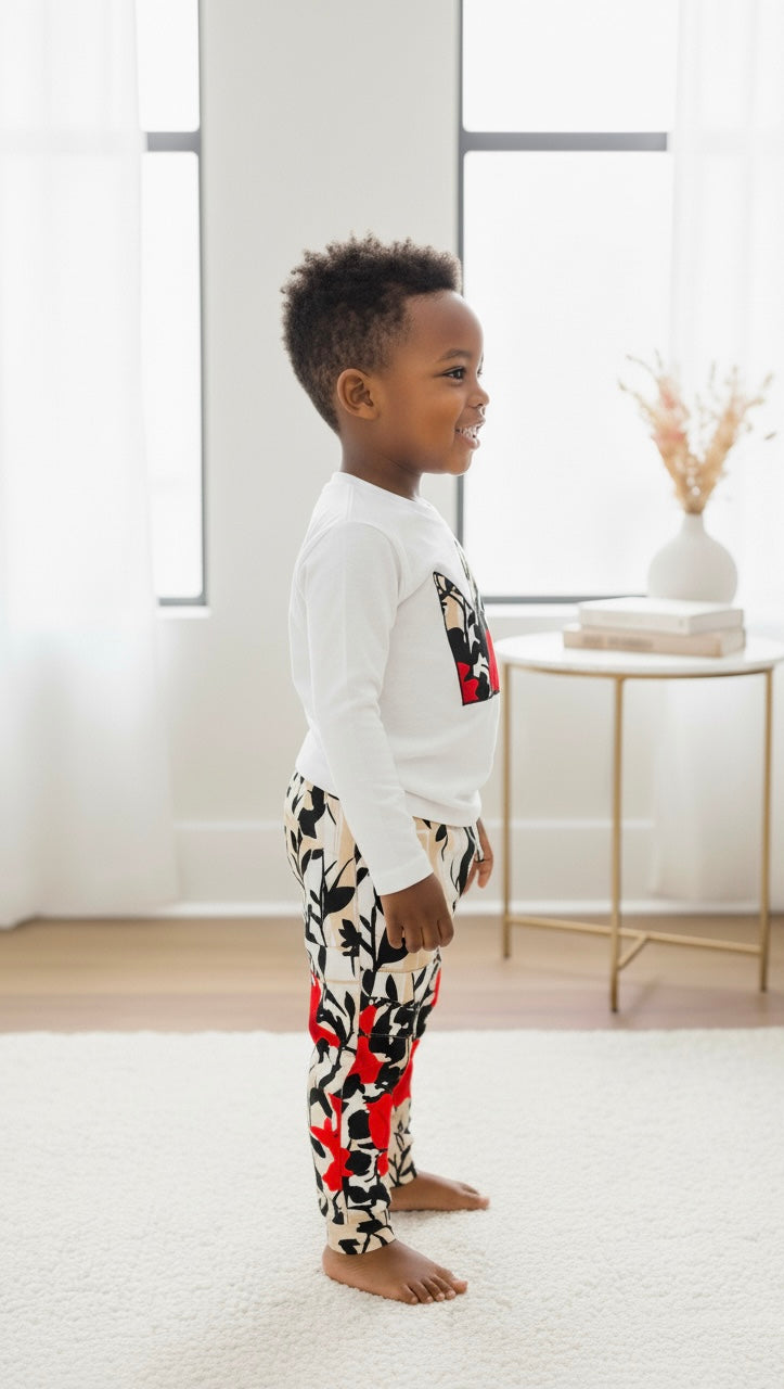 Ensemble MOU-MI pour garçon 5/6 ans, t-shirt coton manches longues et pantalon wax coton mélangé avec fibre synthétique, confortable et stylé.