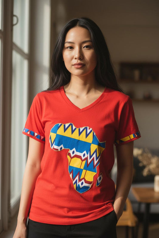 T-shirt femme Deido rouge col V, légèrement stretch, customisé en Wax artisanalement.