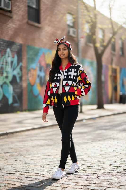 Ensemble fille composé d’un bomber en wax aux imprimés africains et d’un bandeau assorti, idéal pour un style original.