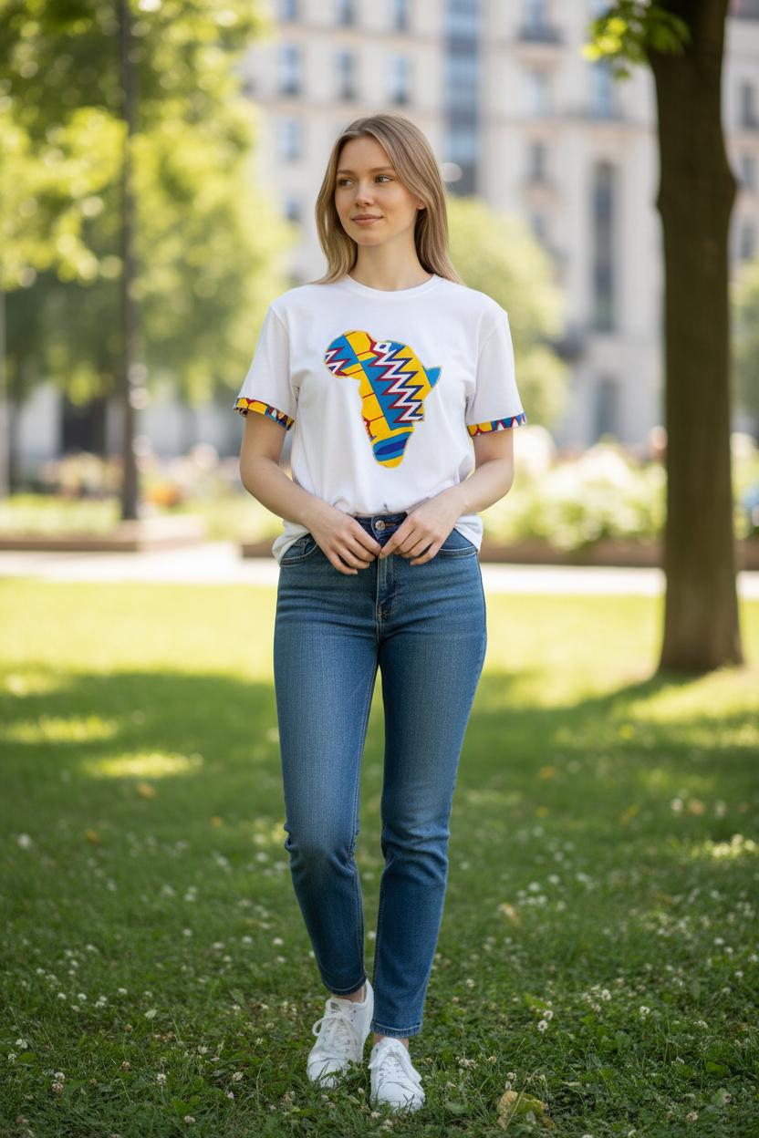 T-shirt mixte Africa en coton blanc avec cartes de l’Afrique en tissu Wax faites main sur la devanture et les manches.