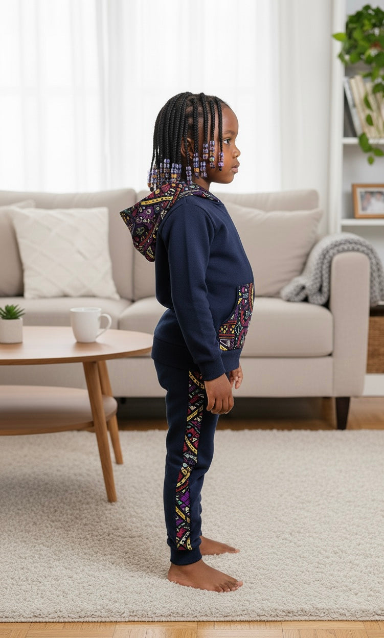 Ensemble NTEPPE bleu, tenue afro moderne mixte pour enfant, confortable et stylée avec finitions en tissu wax coloré