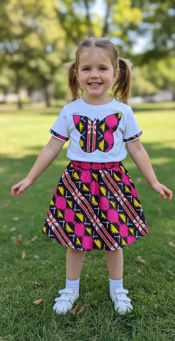 Tenue fille avec jupe évasée wax et t-shirt personnalisé en wax – look estival et élégant