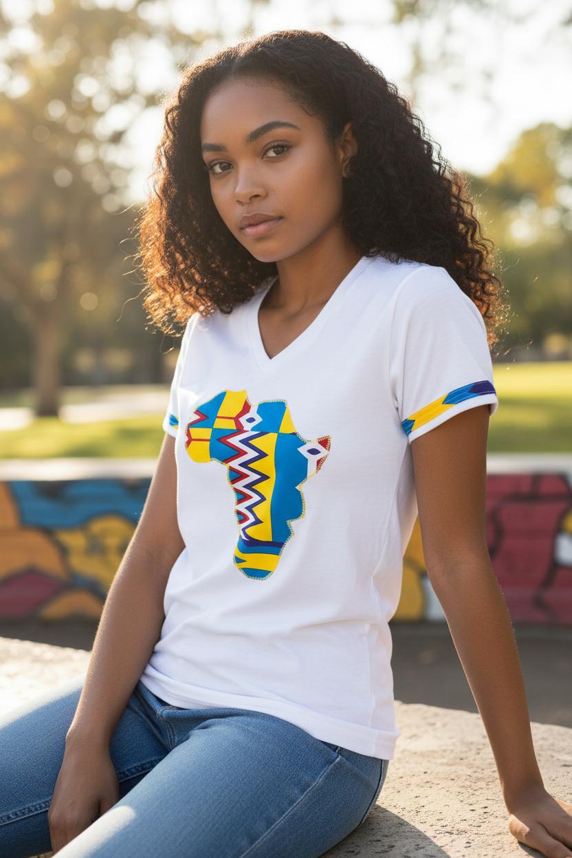 T-shirt blanc pour femme Mouana, coupe col V, touches Wax faites main pour un look élégant et unique.