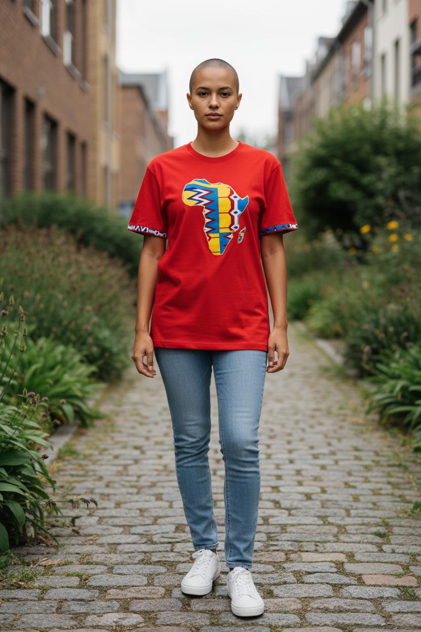 T-shirt artisanal Africa rouge customisé en tissu Wax, modèle unisexe avec motifs Afrique cousus à la main.