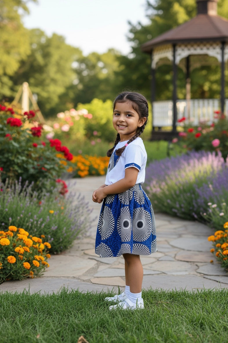 Ensemble fille avec jupe en wax et t-shirt customisé avec empiècements wax assortis – look afro moderne