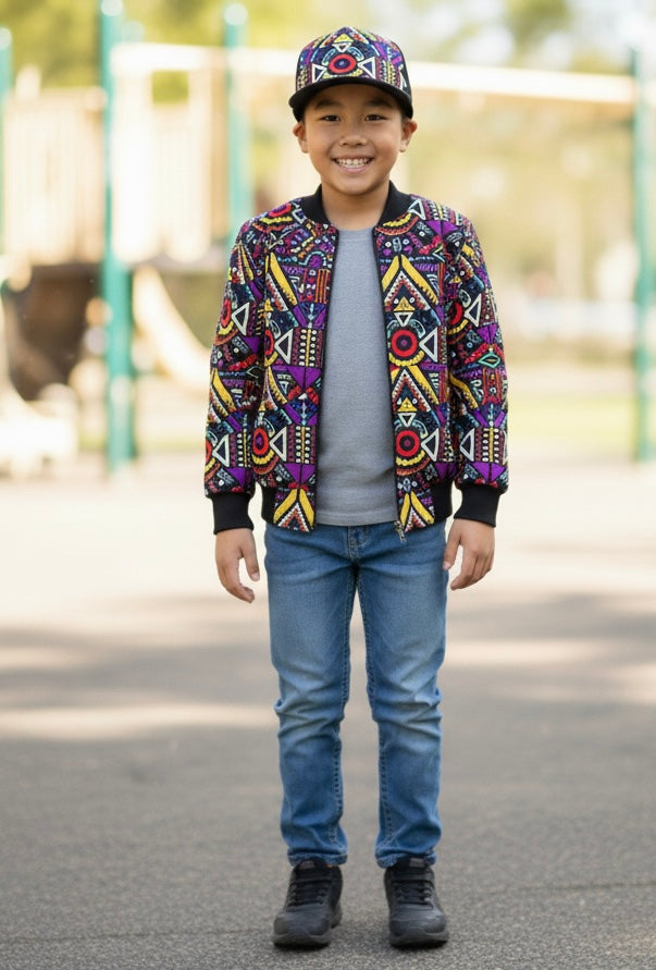 Enfant portant un ensemble mixte bomber et casquette assortie en wax, look coloré et tendance inspiré de la culture africaine.