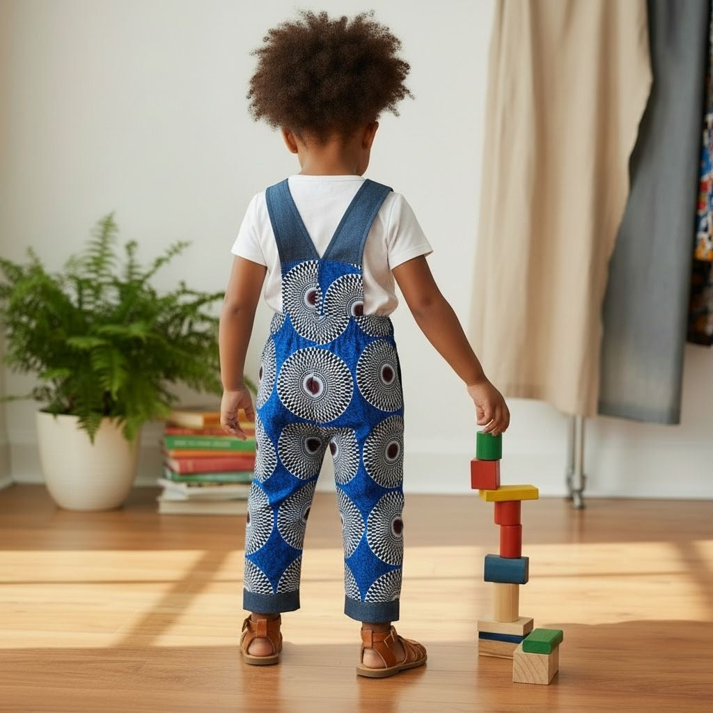 Salopette pantalon wax pour fille de 2 à 12 ans avec haut en denim et détails artisanaux africains.