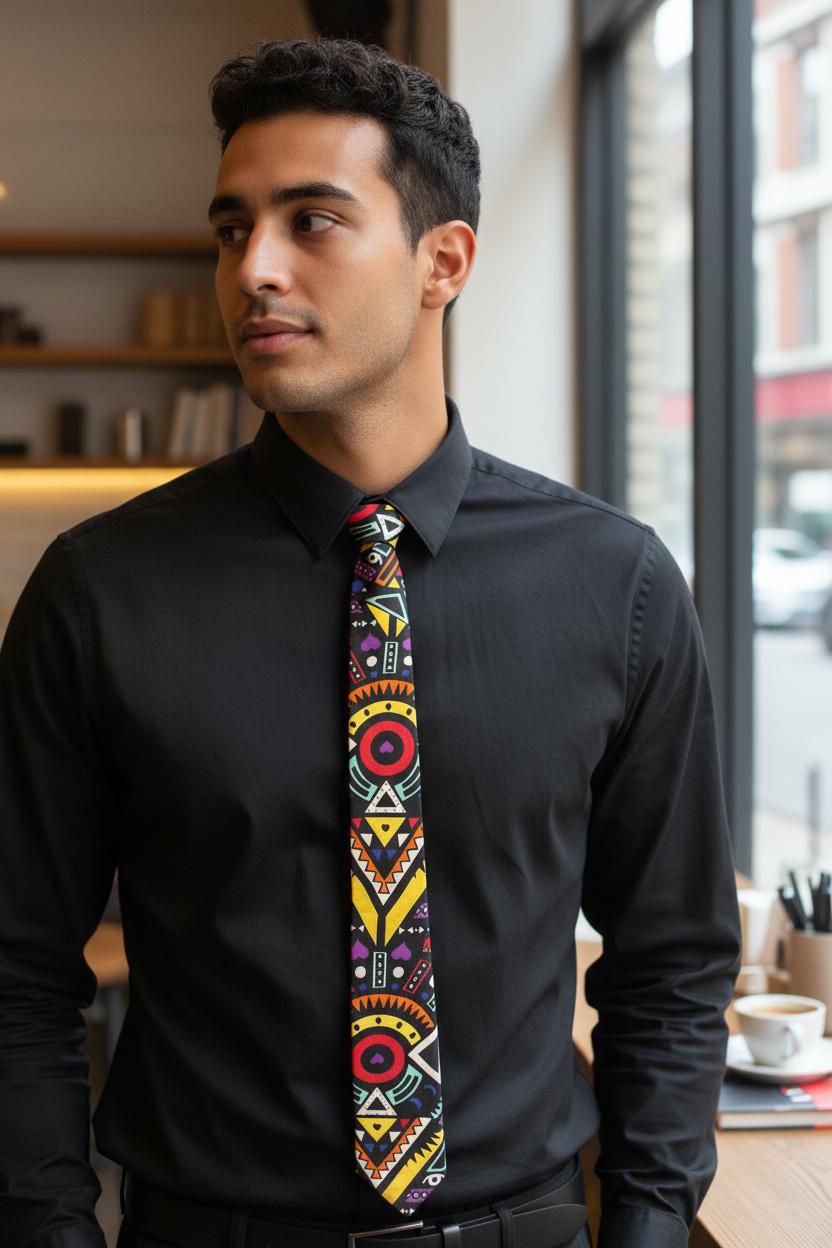 Cravate fine 6 cm à motifs géométriques, création artisanale unisexe.