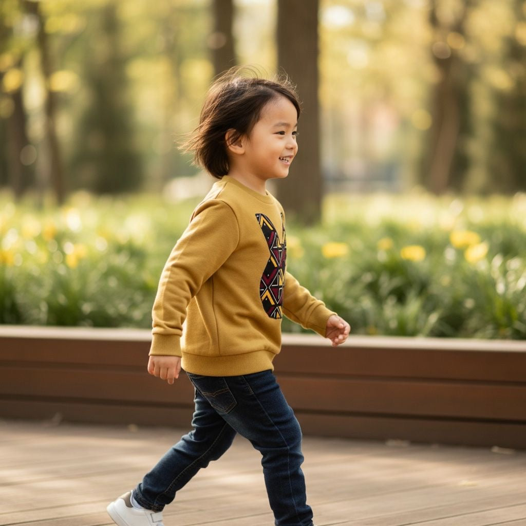 Gros plan du smiley lapin sur sweat-shirt enfant, motif en wax et bogolan africain en coton, pièce unique et artisanale 