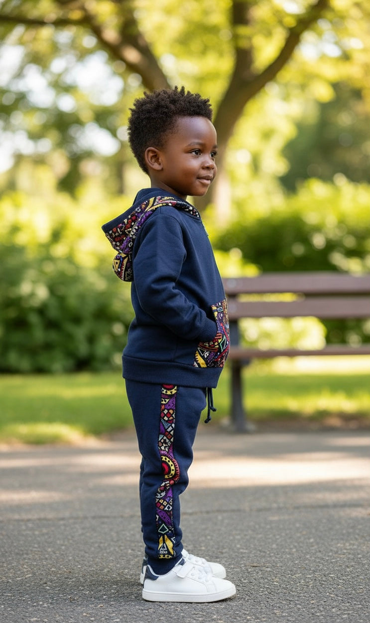 ogging NTEPPE enfant garçon et fille, couleur bleu profond, 65 % coton 35 % polyester, détails artisanaux en wax africain fait main.