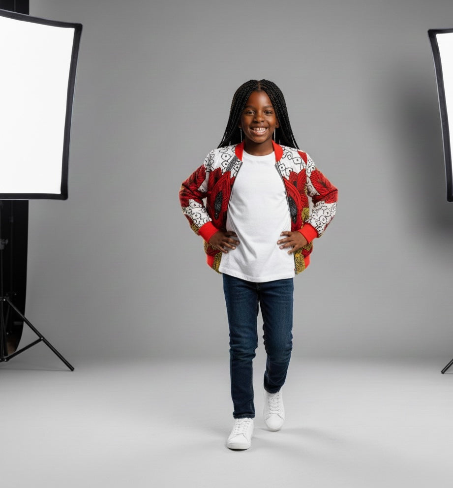 Veste bomber enfant en wax aux imprimés vifs, parfaite pour allier style urbain et héritage culturel.