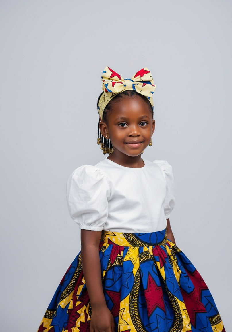 Bandeau enfant fille en wax coloré, accessoire fait main idéal pour look de cérémonie.