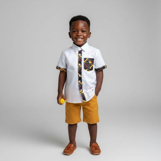 Chemise garçon blanche Bogolan avec détails wax en coton sur manches, poche et devant