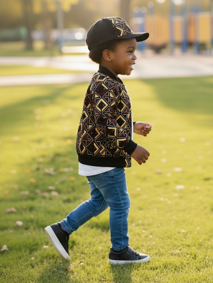 Ensemble enfant mixte avec bomber en wax et casquette assortie, look original et coloré inspiré de la mode africaine.