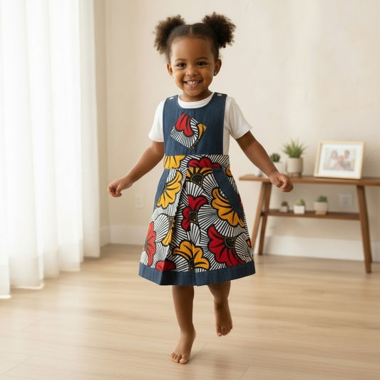 Salopette fille wax et jean afro moderne MPESA DENIM motif floral enfant