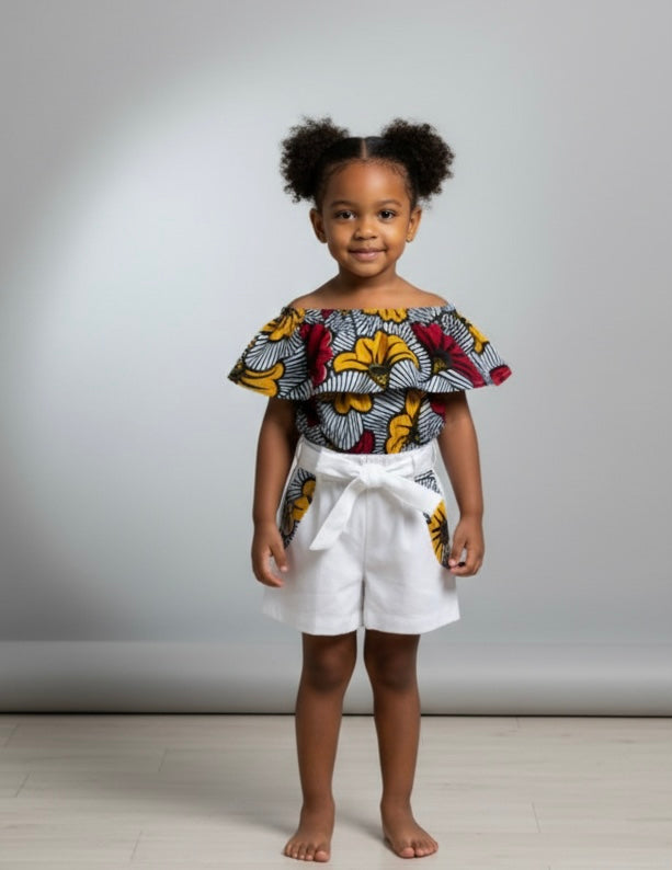 Ensemble fille en tissu wax à fleurs – crop top et jupe élégante pour mariage ou événement spécial