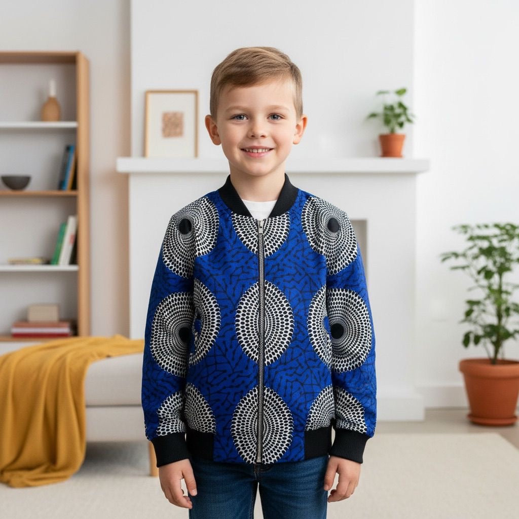 Bomber enfant MWANO en wax africain bleu à cercles noirs – veste artisanale mixte
