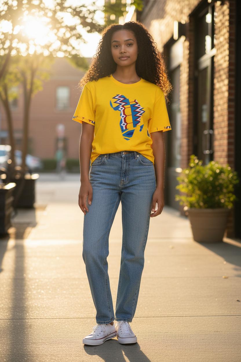 T-shirt artisanal jaune Africa customisé en Wax, modèle unisexe avec motifs Afrique cousus à la main.