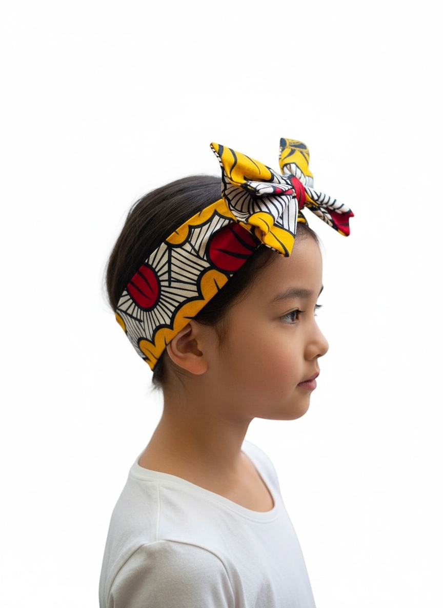 Vue de profil du bandeau enfant MPESA en coton tissu wax Fleur de Mariage, création artisanale afro moderne.