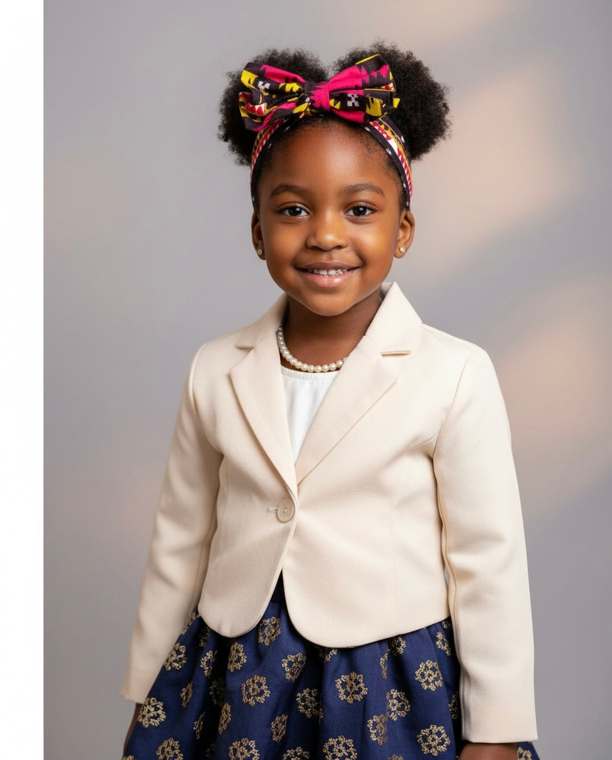 Bandeau cheveux fillette en wax africain, accessoire coloré pour mariage ou fête.