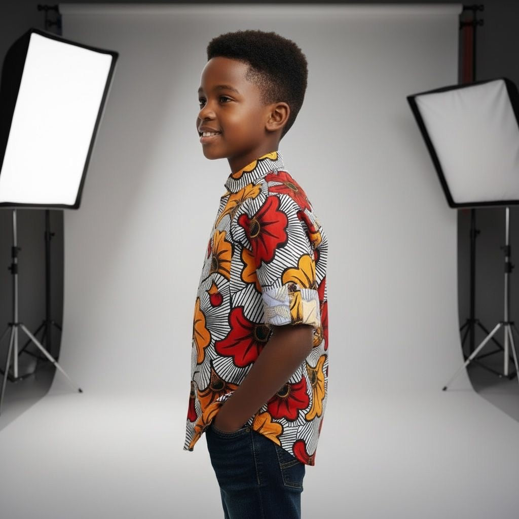 Chemise enfant  en wax fleuri "fleur de mariage", manches longues transformables en manches courtes grâce à un bouton discret . Coupe pratique et élégante pour un style modulable.