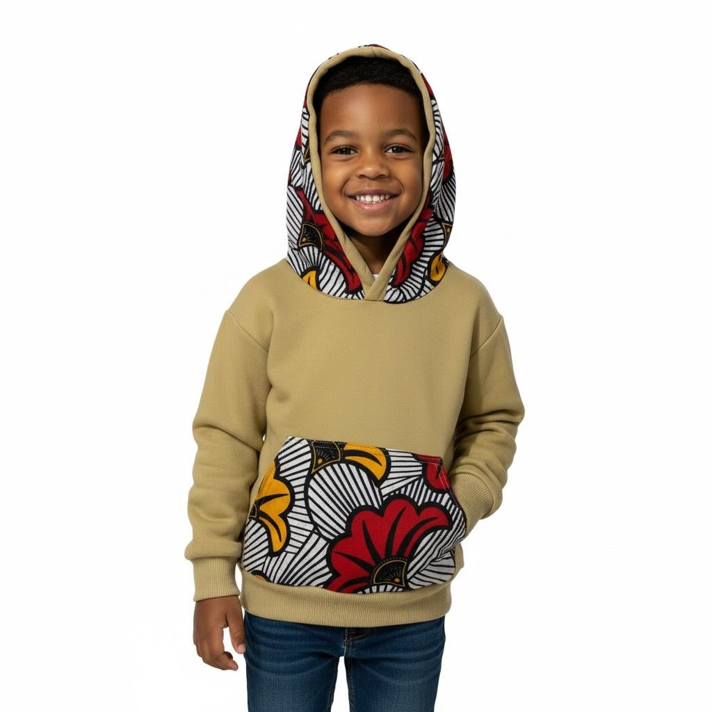 Sweat-shirt enfant à capuche MPESA – Fait main – Coton 100 % doux couleur moutarde et wax fleuri – Mixte 2 à 12 ans