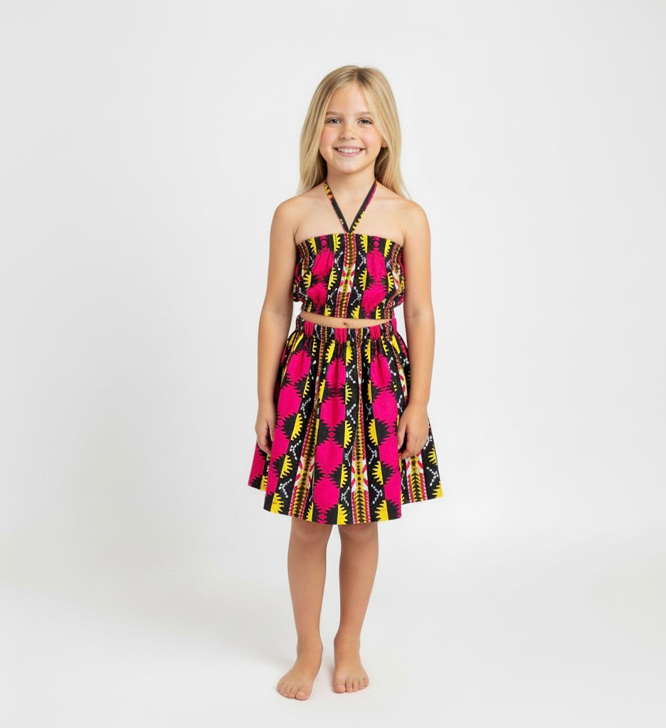 Ensemble fille Mambo – jupe évasée et crop top à bretelles croisées en wax coton-polyester