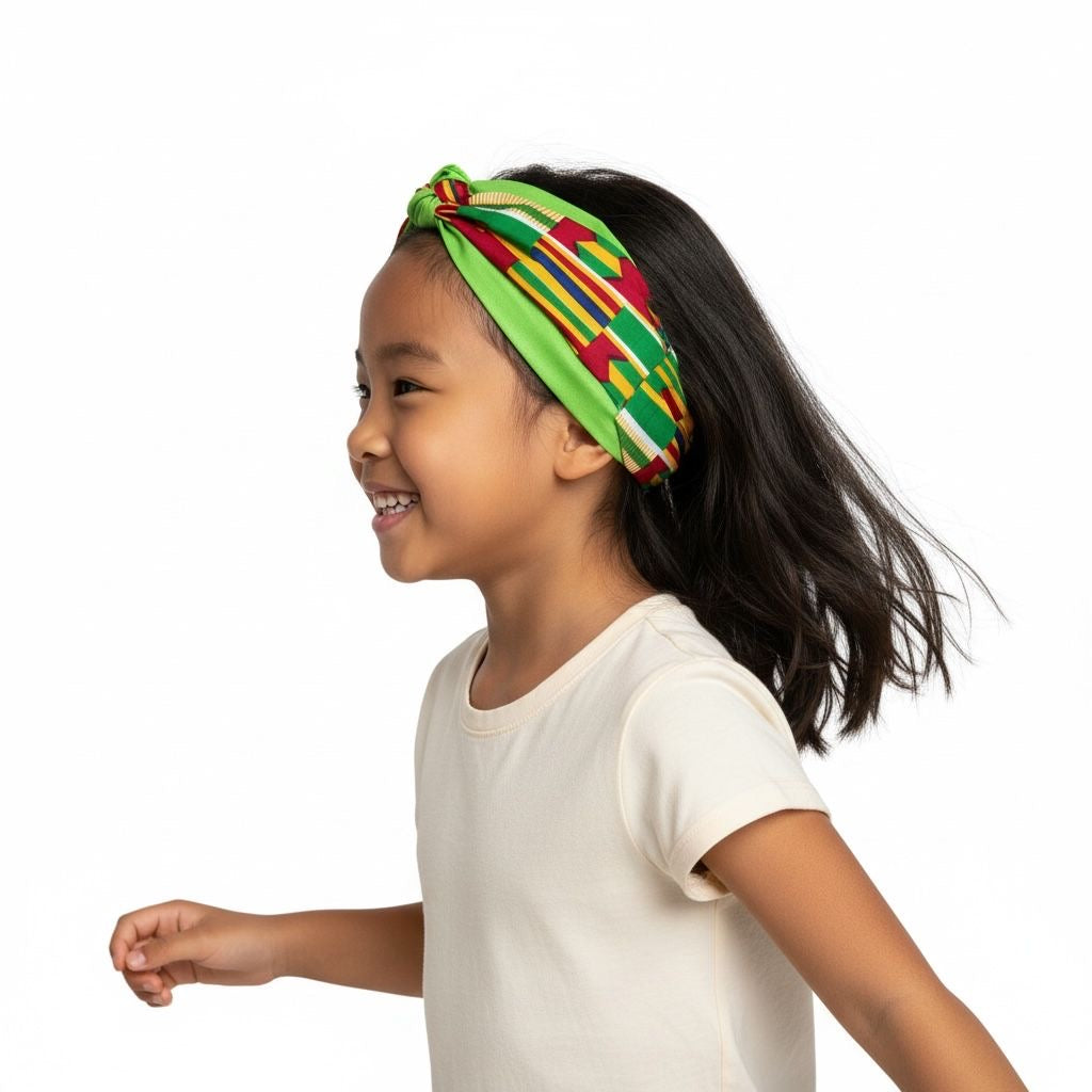 Bandeau afro moderne pour fille Kente vert, accessoire cheveux artisanal
