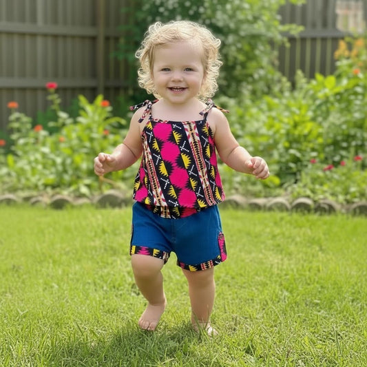 Ensemble Sadi pour filles 2-12 ans : haut léger à bretelles en wax coton/polyester à nouer et short en jean avec détails wax colorés sur la taille et le côté, style afro moderne estival