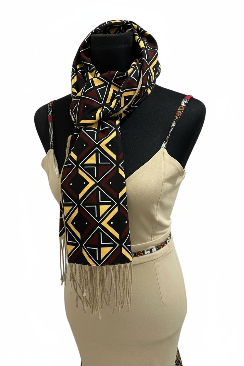 Écharpe BOGOLAN-mixte wax & polaire beige-Fait Main