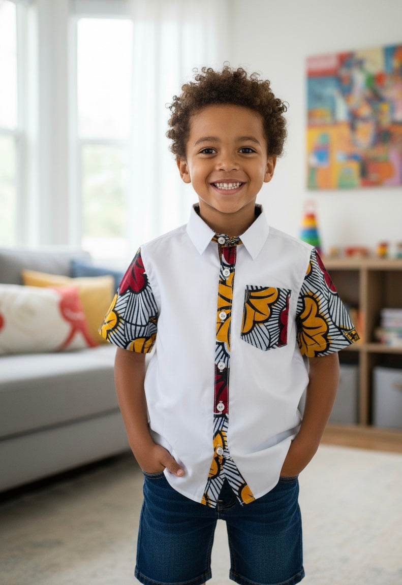 Chemise blanche garçon à manches courtes ornée de tissu wax – parfaite pour un look afro-chic enfant élégant
