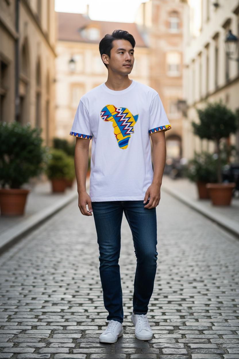 T-shirt artisanal Africa customisé en Wax 100% coton, modèle unisexe avec motifs Afrique sur manches et poitrine.
