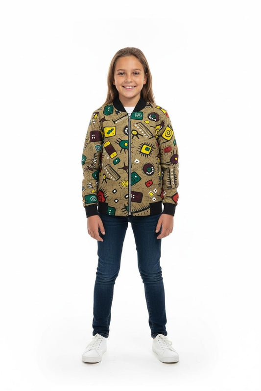 Bomber enfant mixte afro moderne en wax coton avec motifs géométriques colorés, confection artisanale