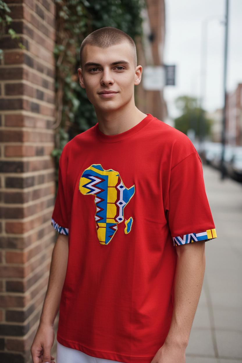 T-shirt mixte Africa rouge en coton avec cartes de l’Afrique en Wax faites main sur la poitrine et les manches.