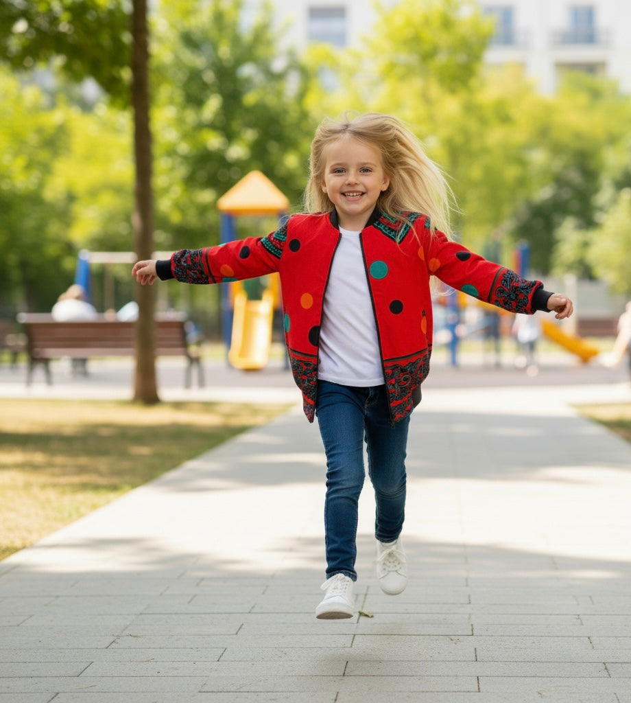 Veste bomber en wax pour enfants, confection artisanale aux motifs africains vifs, idéale pour l’automne ou le printemps