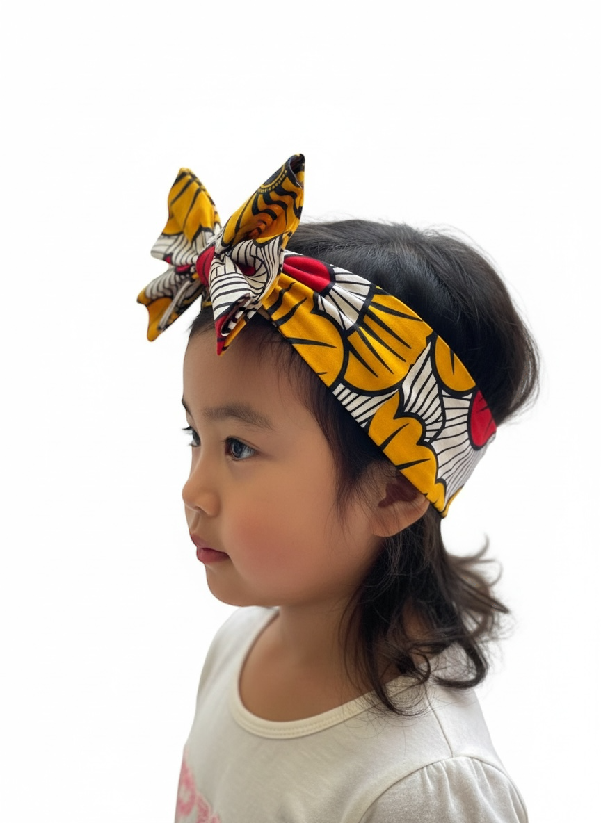 Bandeau enfant MPESA noire customisée en wax Fleur de Mariage, faite main, réglable pour filles de 2 à 12 ans.