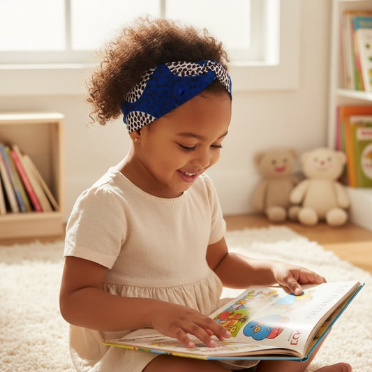 Bandeau enfant DINA en wax bogolan bleu et rond bordeau – fait main