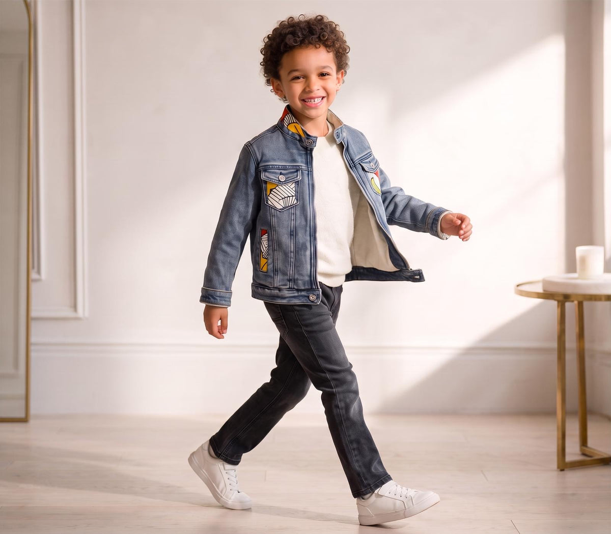 Détail de la veste MPESA Denim pour garçon : poches en jean décorées de tissu wax « Fleur de mariage ».