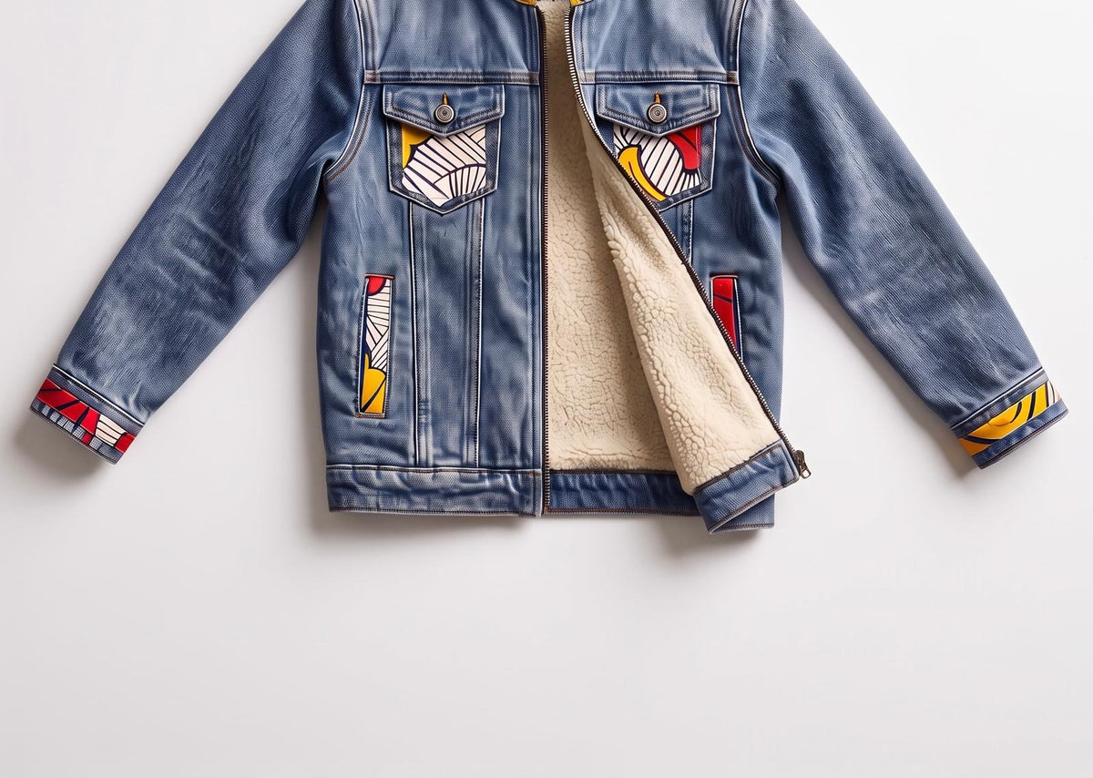 Veste MPESA Denim – veste en jean fourrée garçon personnalisée en wax : 4 à 14 ans