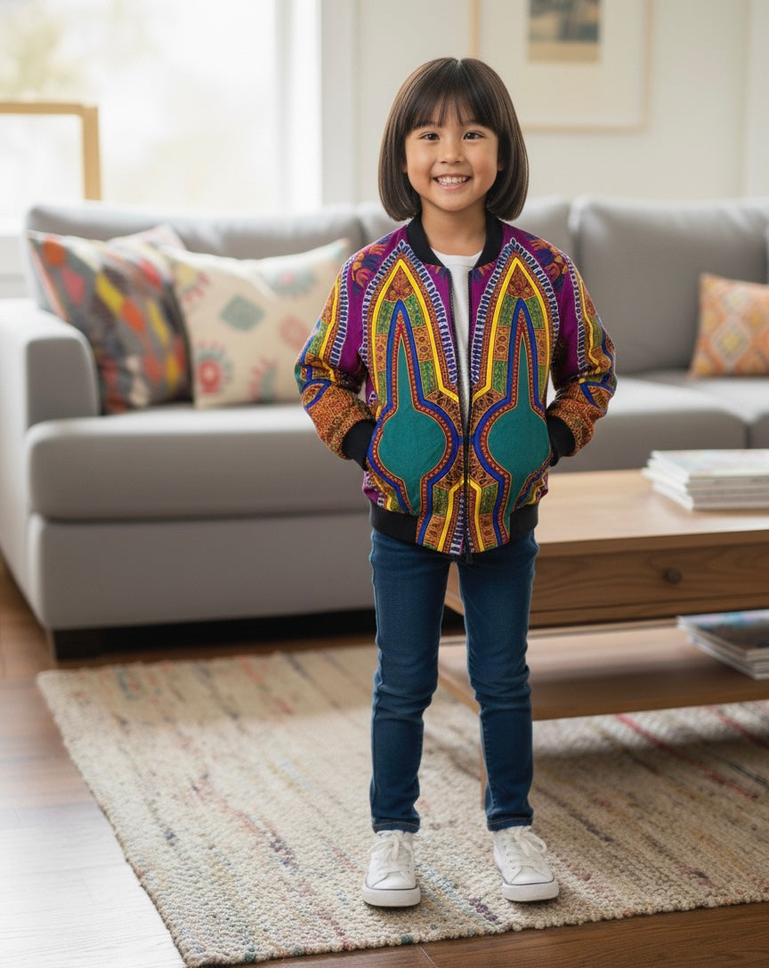 Veste bomber pour enfant en wax dashiki, coupe moderne et motifs traditionnels pour un look unique et culturel.