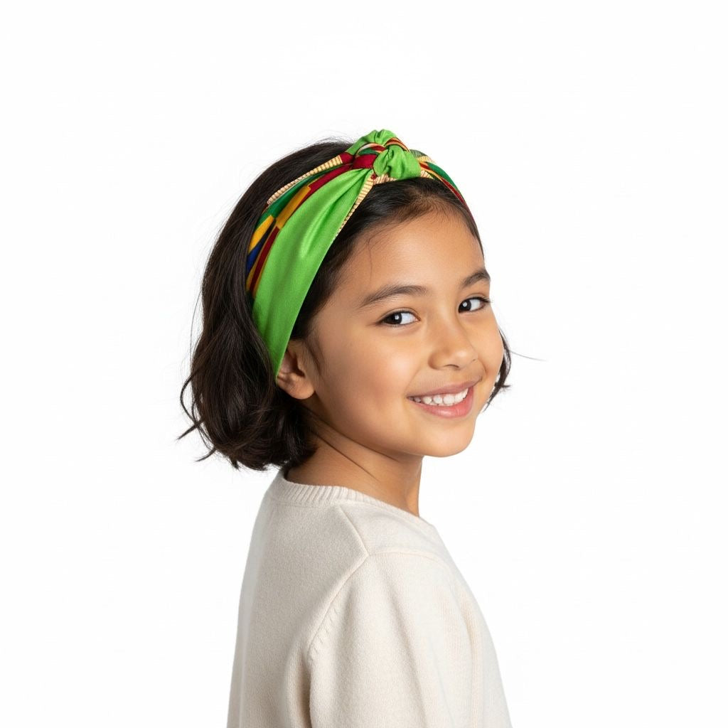 Bandeau enfant Kente vert en wax et popeline coton, fait main, élastique arrière