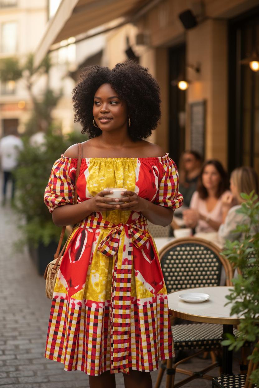 Robe femme en wax avec épaules dénudées, tenue par un élastique confortable. Ceinture assortie à nouer à la taille pour souligner la silhouette. Un look chic et féminin aux inspirations africaines.